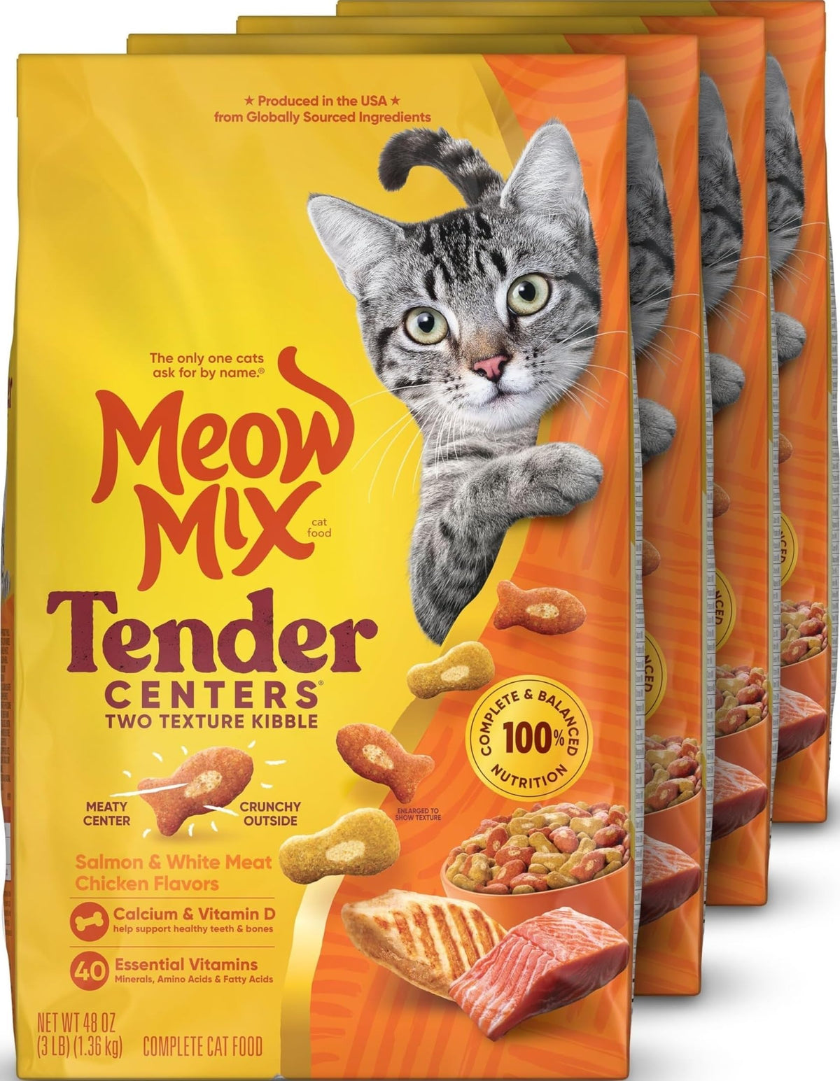 Meow Mix frente del empaque mostrando las cuatro bolsas y beneficios