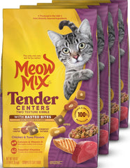 Meow Mix empaque frontal Tender Centers mostrando sabores y ventaja de textura