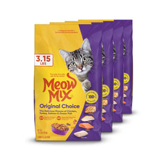 Meow Mix vista frontal del paquete mostrando variedad de sabores y beneficio nutricional