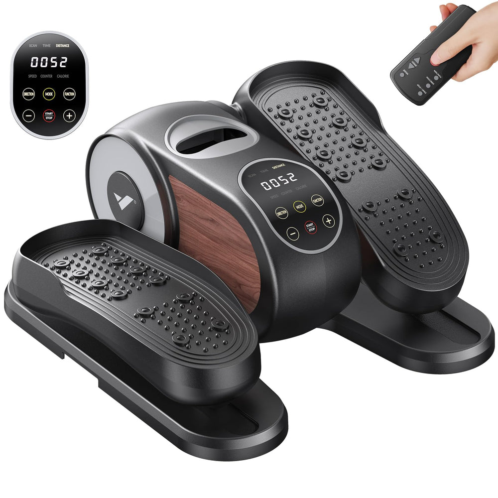 MERACH front view showing compact under-desk exerciser and benefits of space-saving