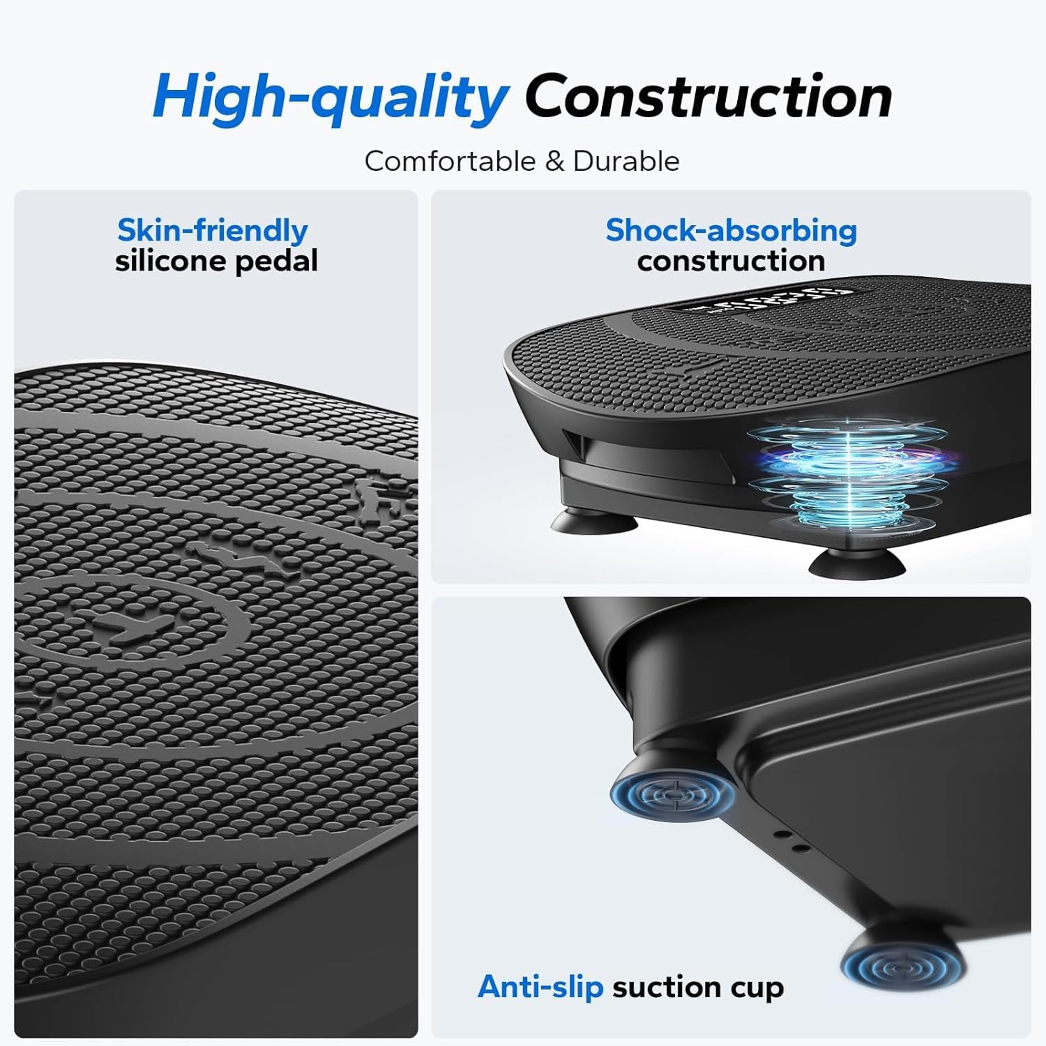 MERACH side profile of stability base showing anti-slip reinforcement and quiet operation benefit