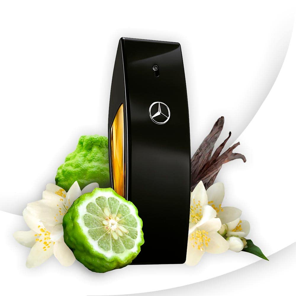 Mercedes Benz Club Black junto a una regla que muestra el tamaño 100 ml