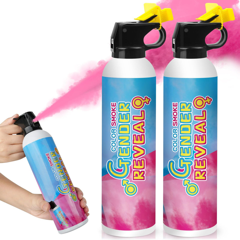 Merear extintor frontal con etiqueta rosa y empaque listo para revelar