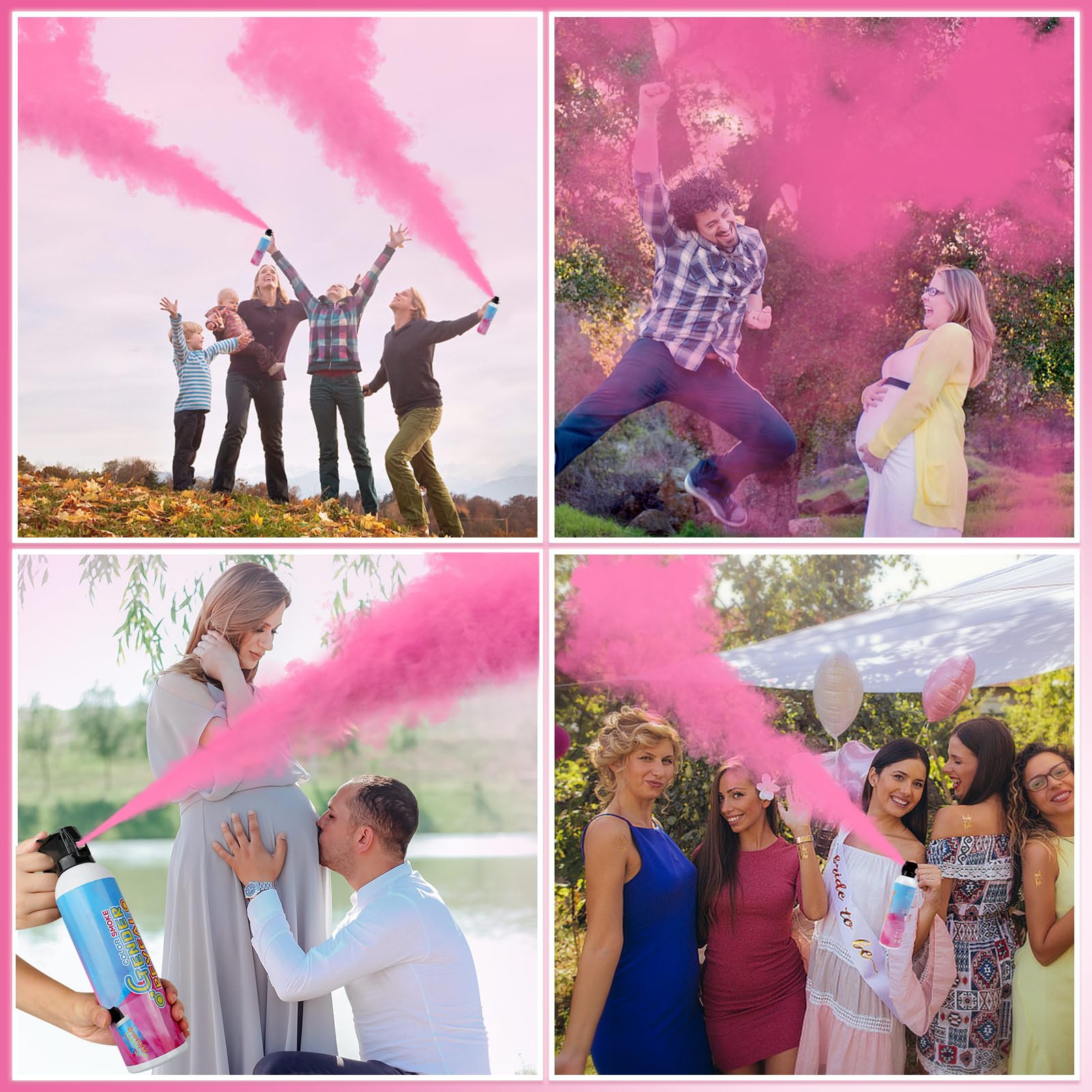 Merear pareja celebrando el momento de revelación con nube rosa fotogénica