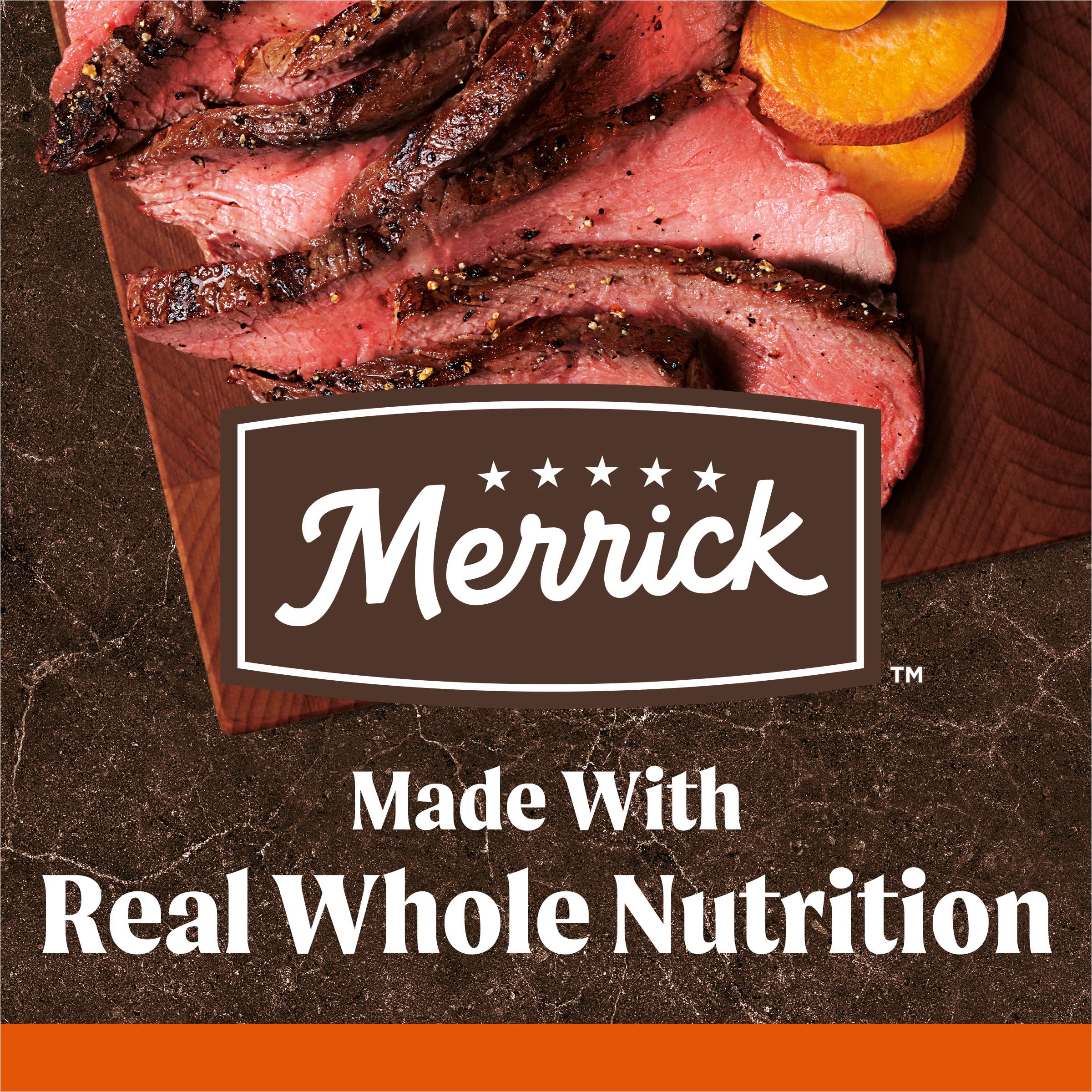 Merrick ingredientes principales res y batata para proteína y fibra natural