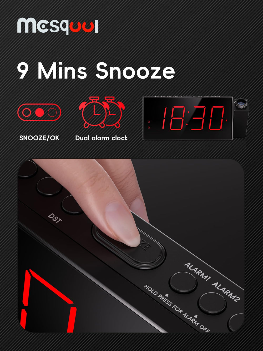 Mesqool panel frontal con controles de doble alarma y volumen
