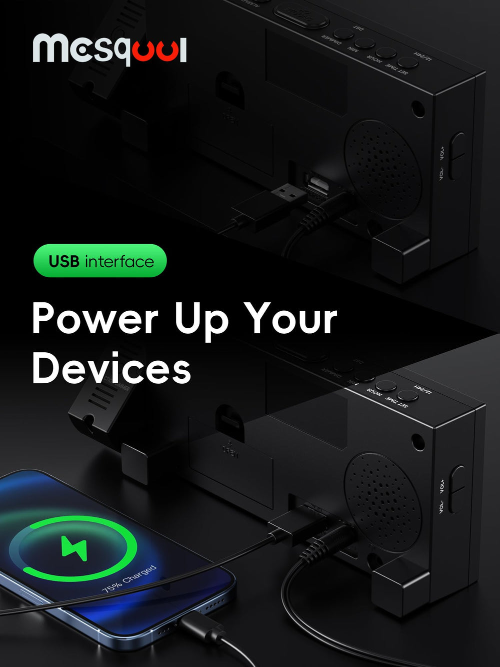 Mesqool puerto USB y conexión trasera para cargar móvil