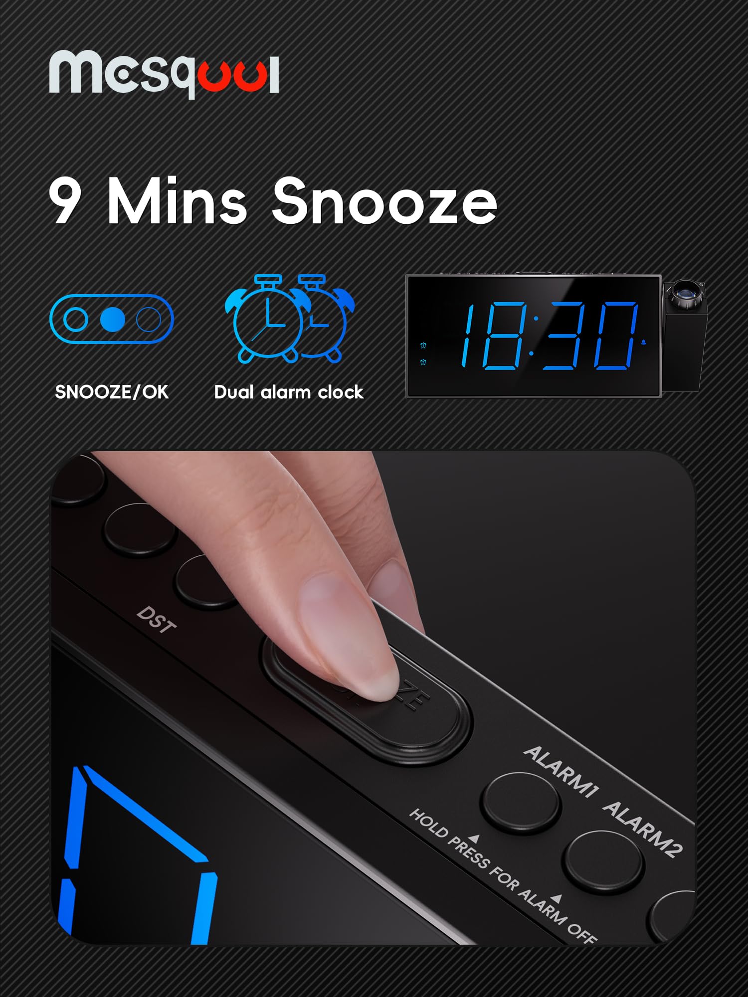 Mesqool respaldo con pilas AAA para conservar hora y alarmas