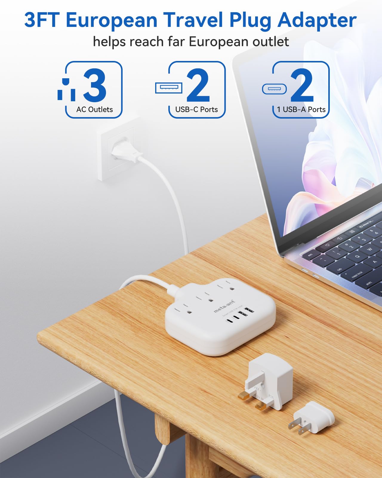 meta-ant adaptador en uso en habitación de hotel, facilita cargar múltiples aparatos