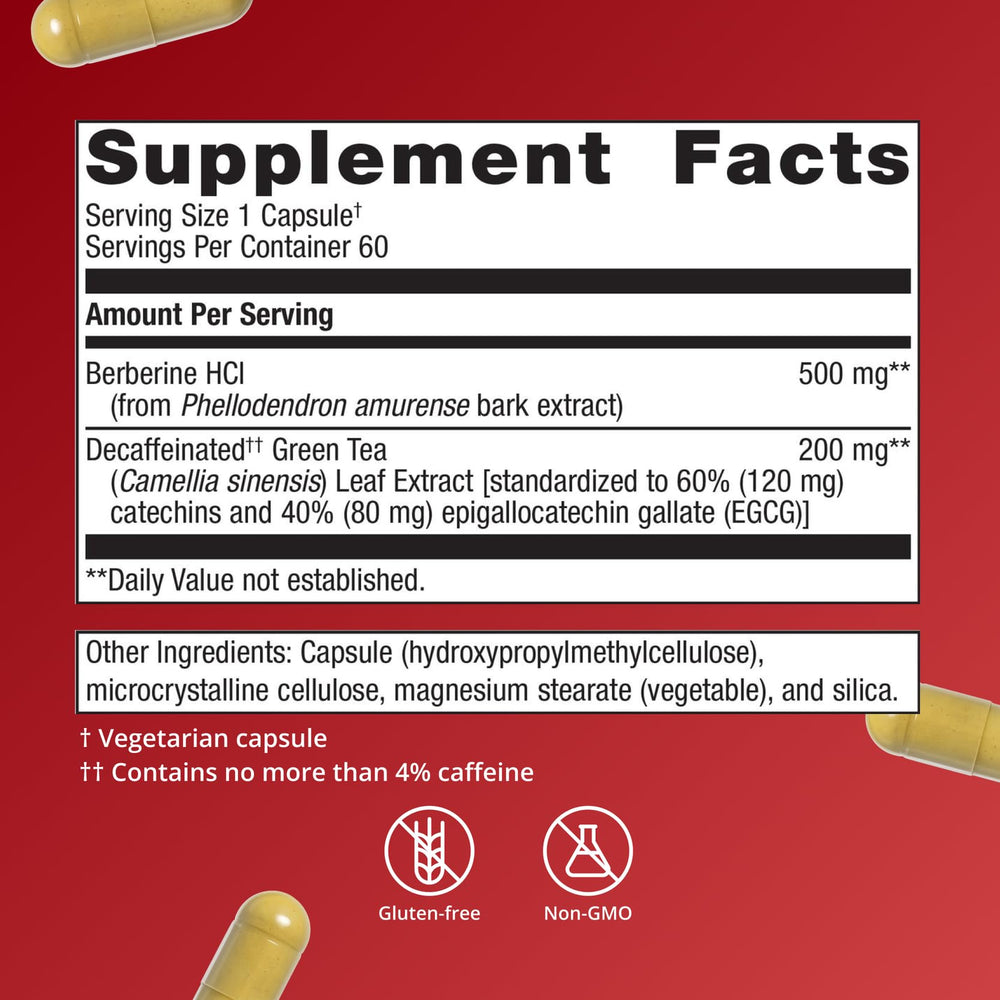 Etiqueta nutricional de Metagenics Berberine GT destacando 500 mg de berberina por cápsula