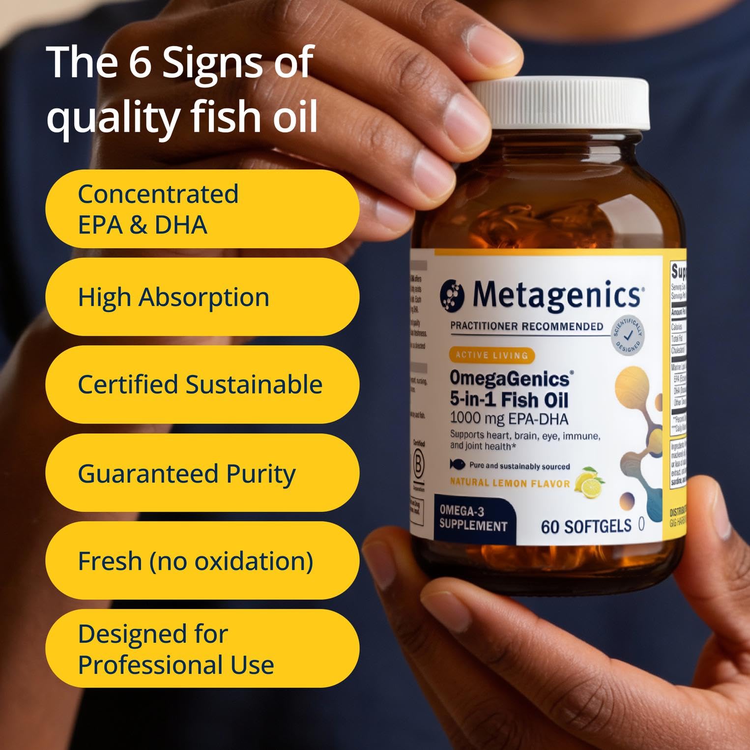 Metagenics etiqueta OmegaGenics detalle de ingredientes y dosificación clara