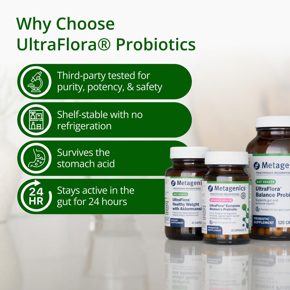 Metagenics UltraFlora en ambiente de estilo de vida saludable y confianza