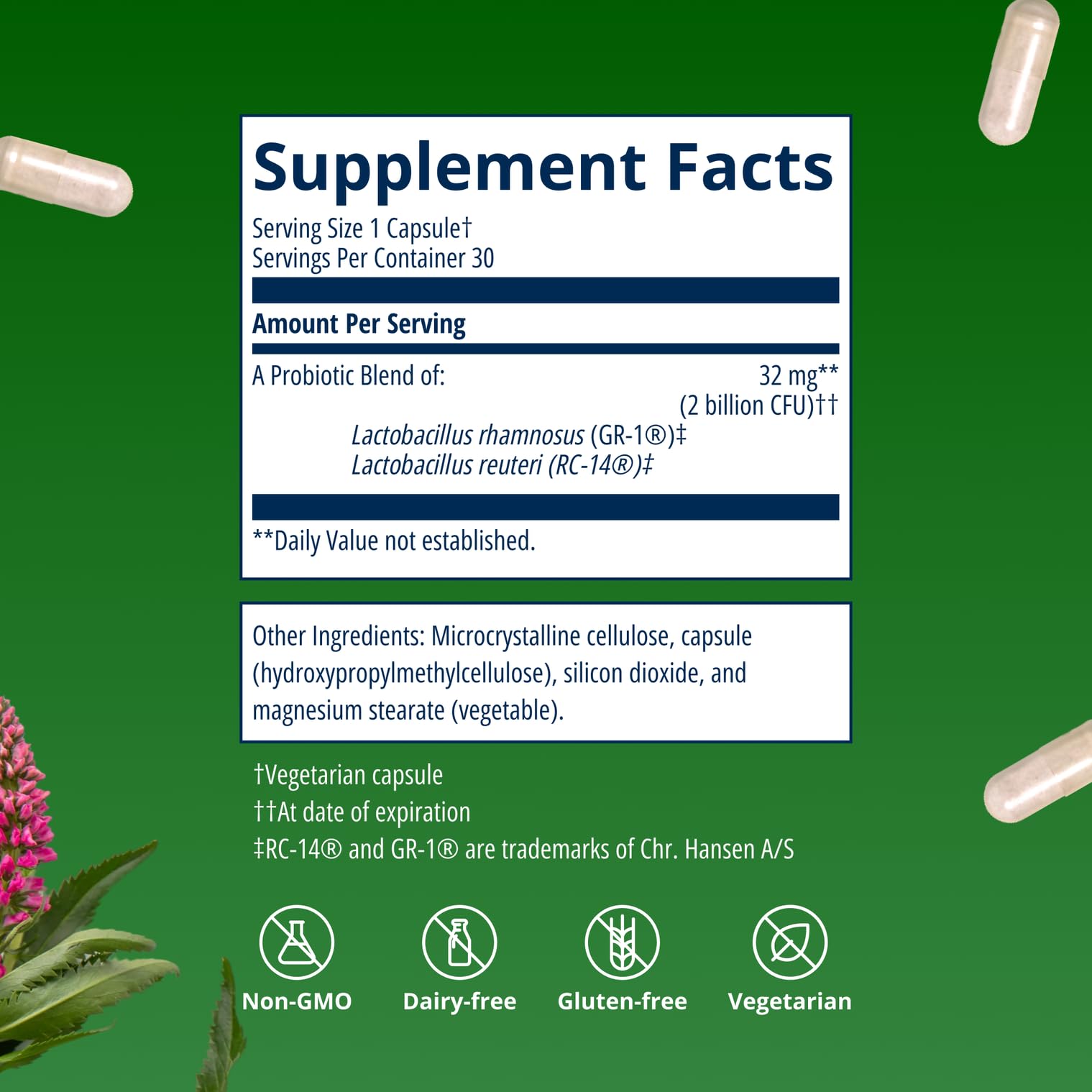 Metagenics UltraFlora lista de ingredientes y cepas en la etiqueta para transparencia