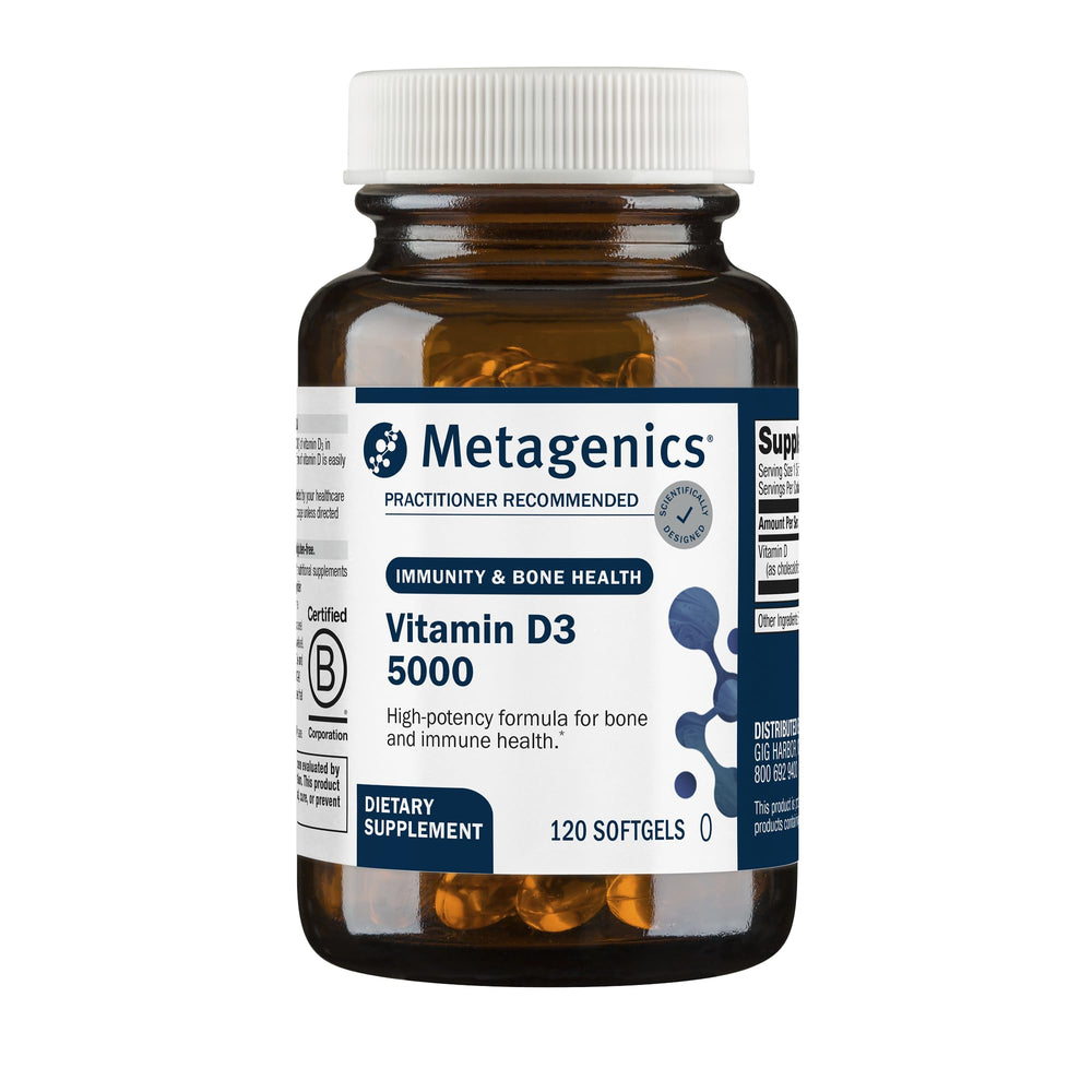 Metagenics frasco frontal del suplemento Vitamin D3 beneficios de dosificación alta