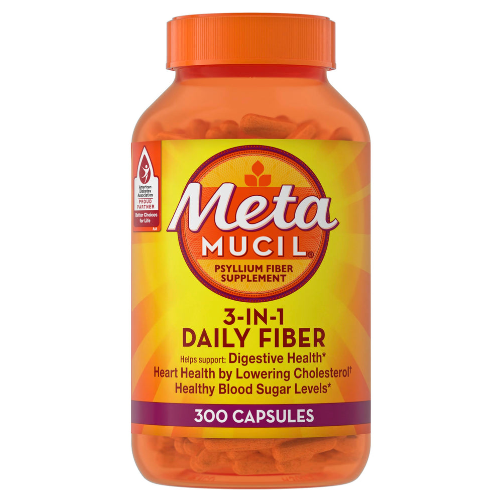 Metamucil botella sobre mesa enfatizando capacidad de 300 unidades