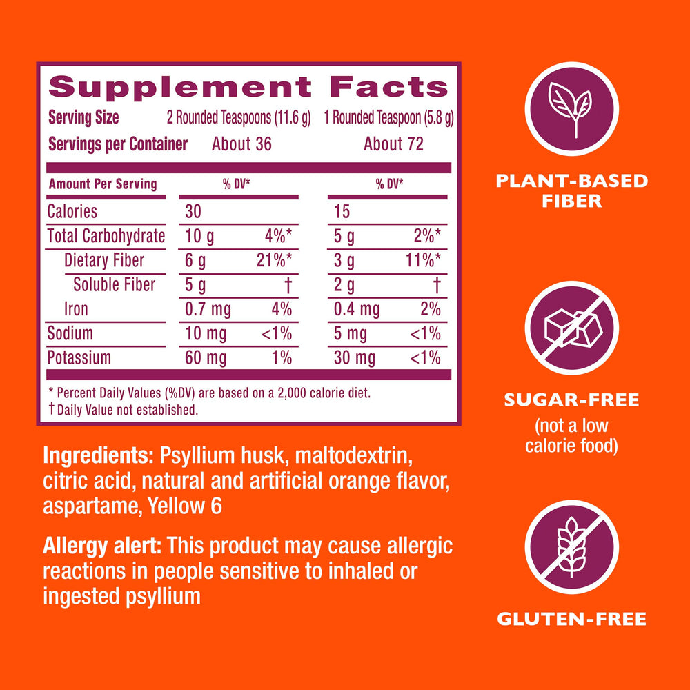 Lateral del empaque Metamucil con tabla nutricional y instrucciones