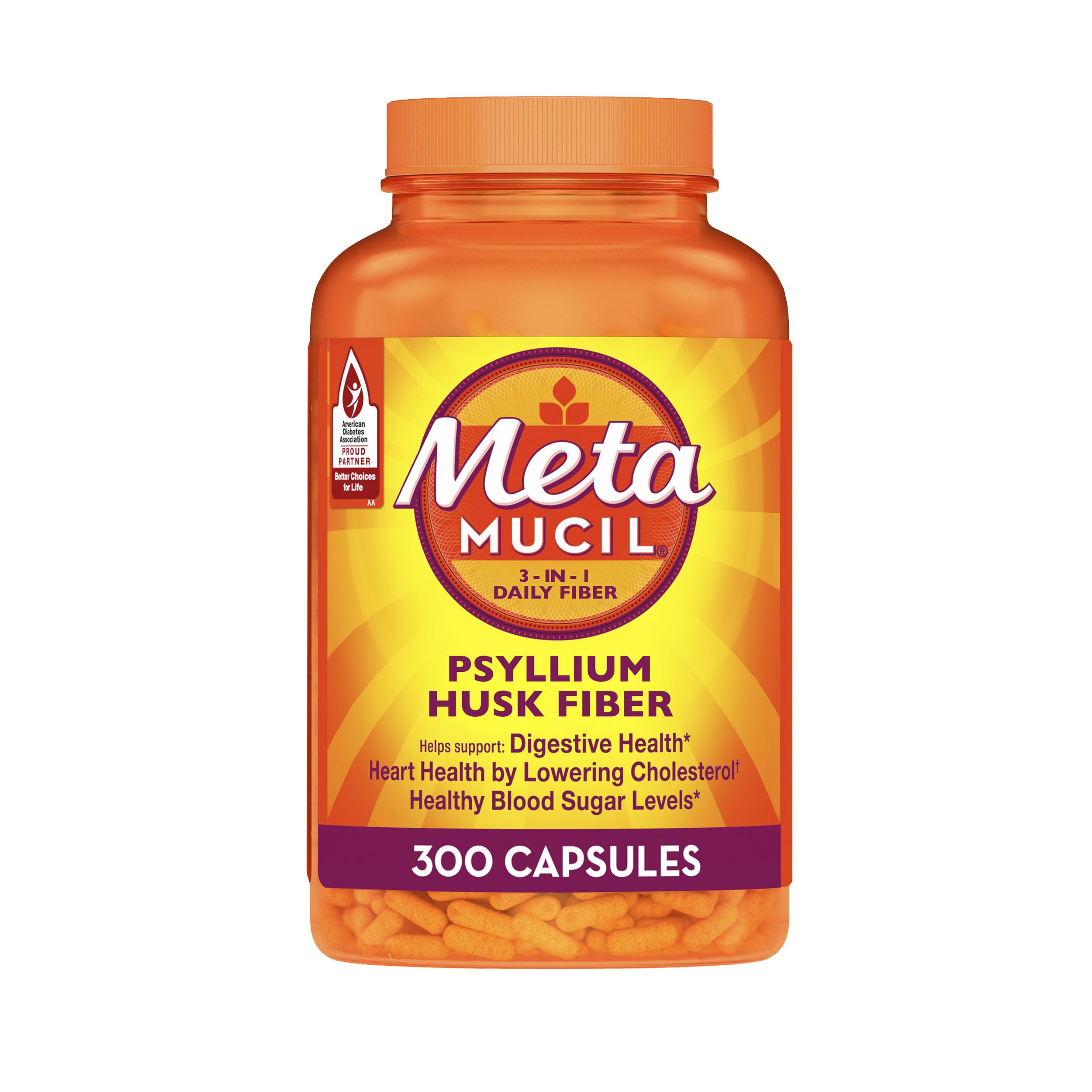 Metamucil frente del empaque mostrando 300 cápsulas y conveniencia