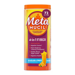 Metamucil envase frontal mostrando sabor naranja y 72 cucharaditas
