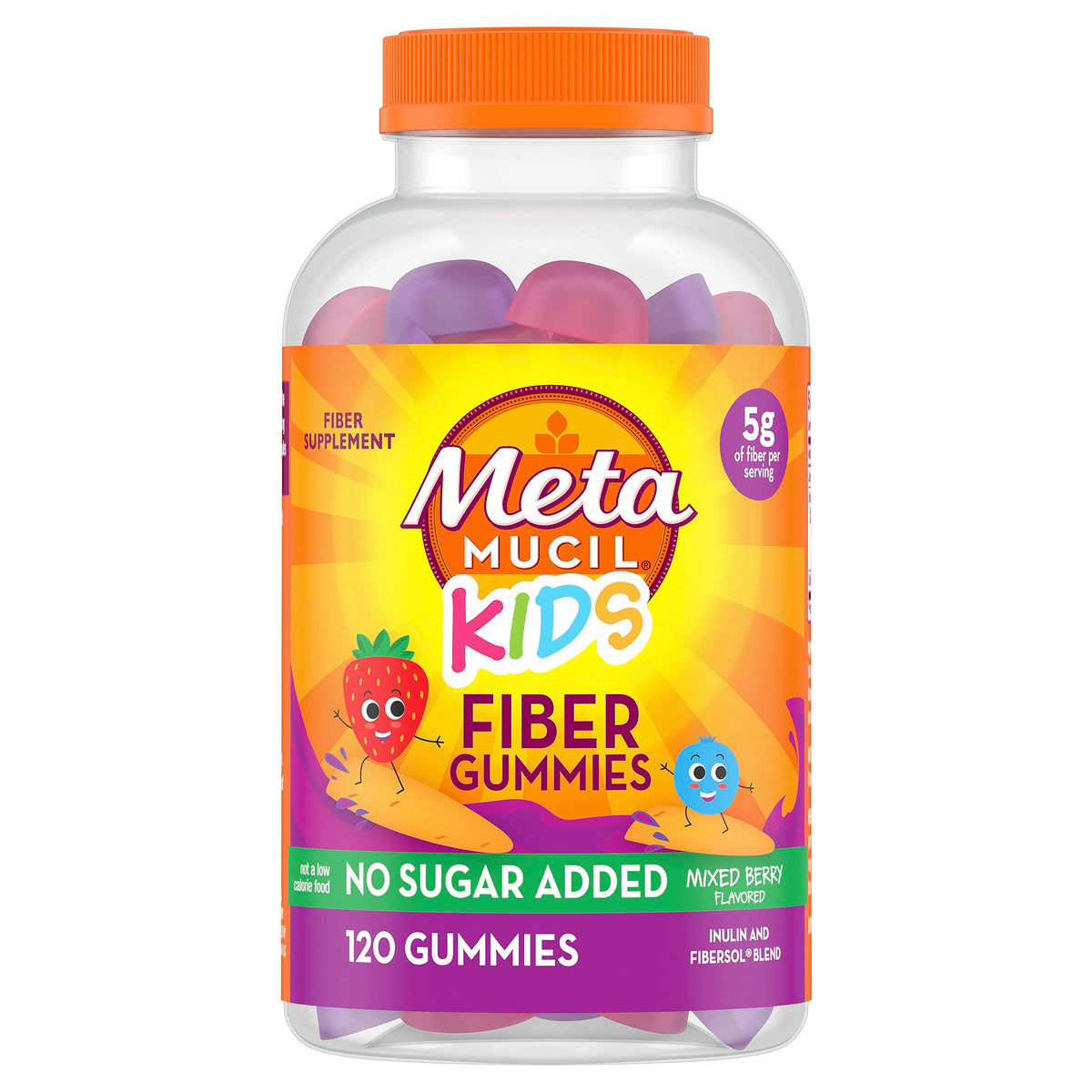 Metamucil frasco frontal mostrando etiqueta y beneficio de fibra
