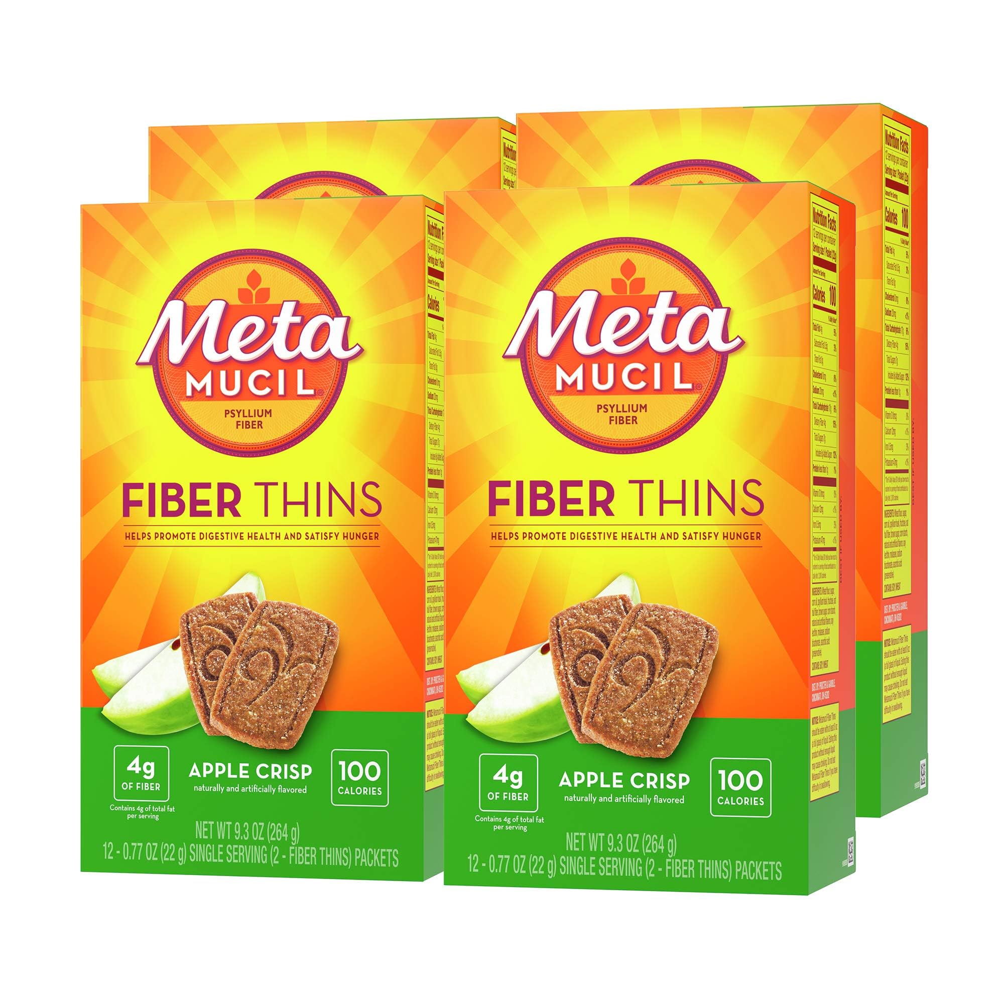 Metamucil envase frontal Apple Crisp mostrando porciones y beneficios de fibra