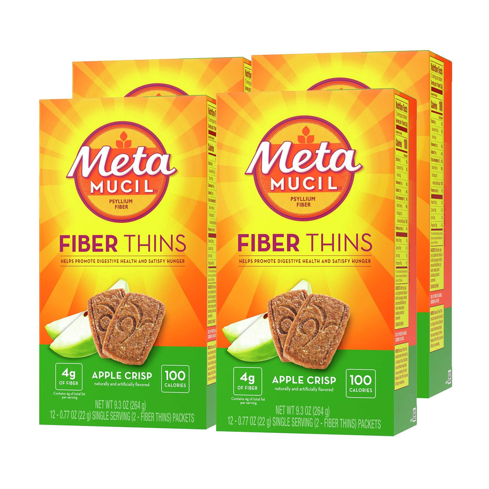 Metamucil envase frontal Apple Crisp mostrando porciones y beneficios de fibra