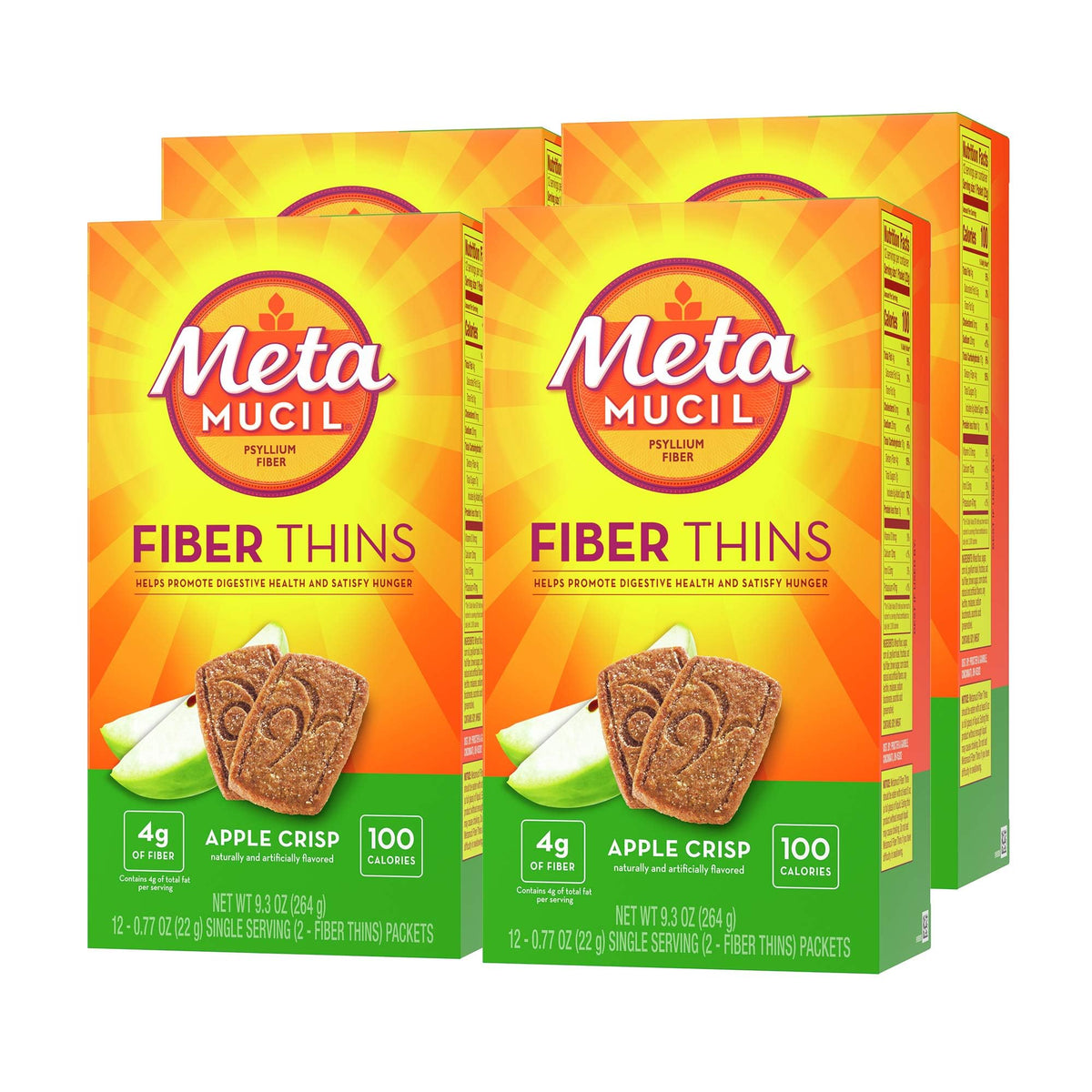 Metamucil envase frontal Apple Crisp mostrando porciones y beneficios de fibra