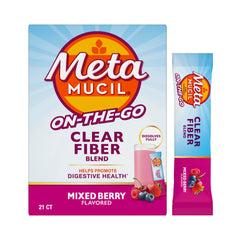 Metamucil sobre frontal mixed berry mostrando presentación y conveniencia