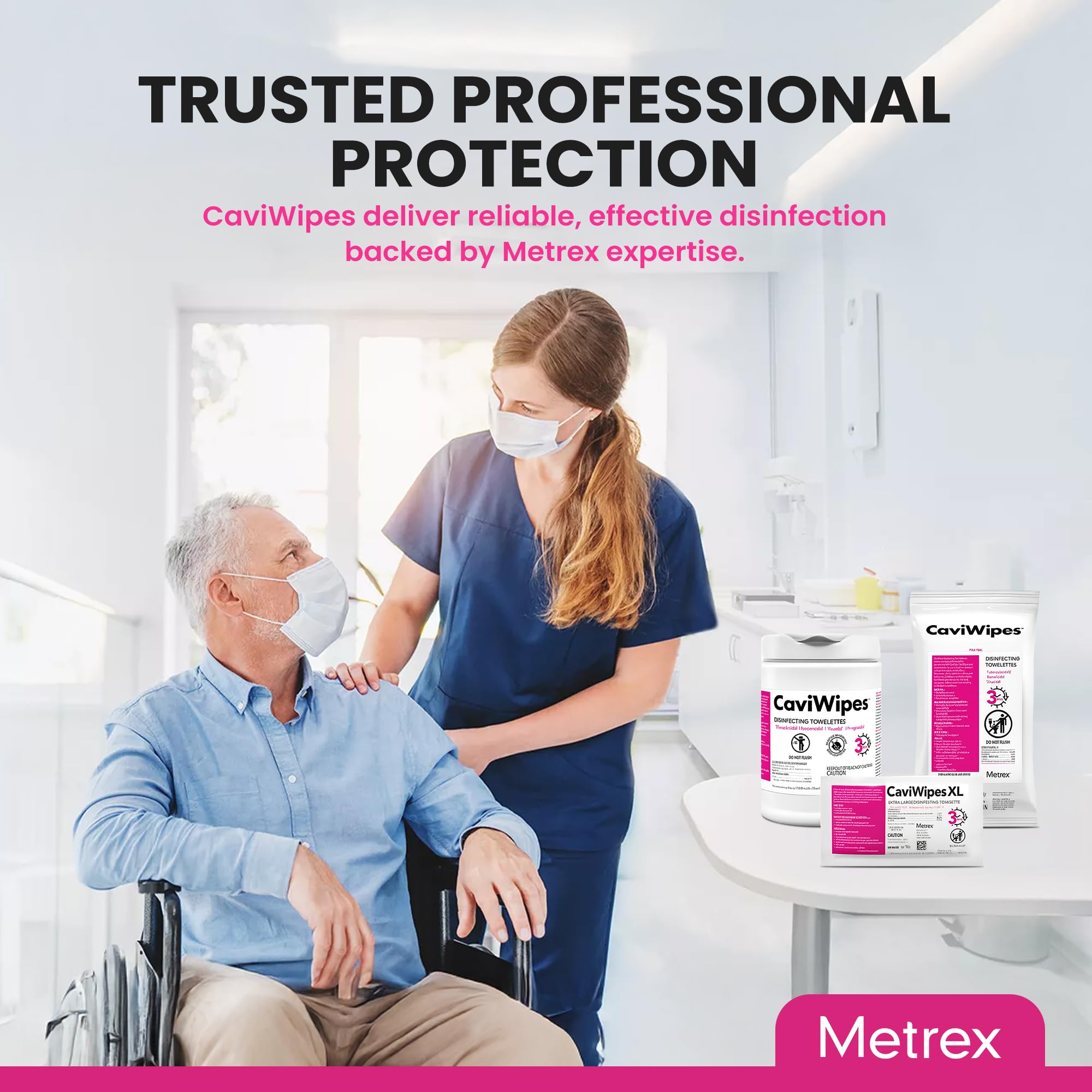 Metrex CaviWipes ambiente clínico ilustrando uso en rutina sanitaria