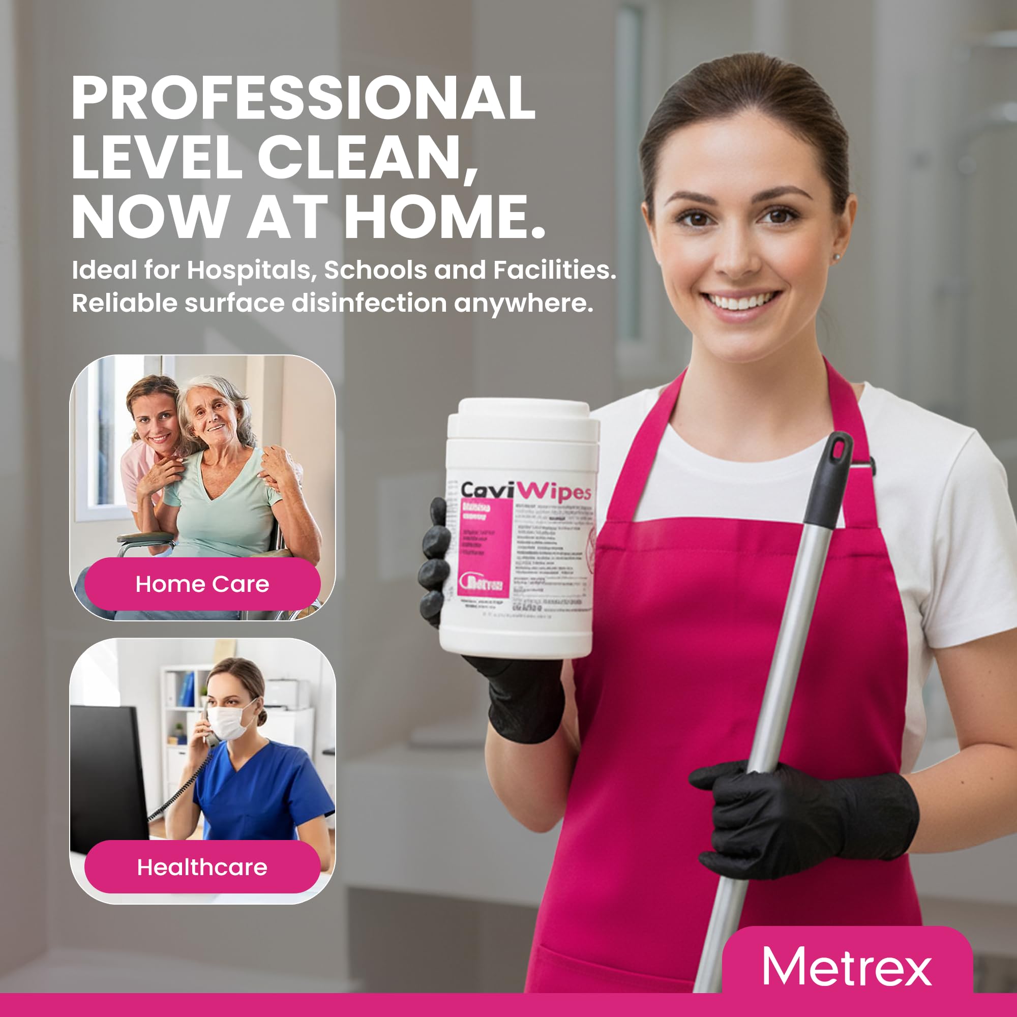 Metrex CaviWipes etiqueta con instrucciones y beneficios visibles