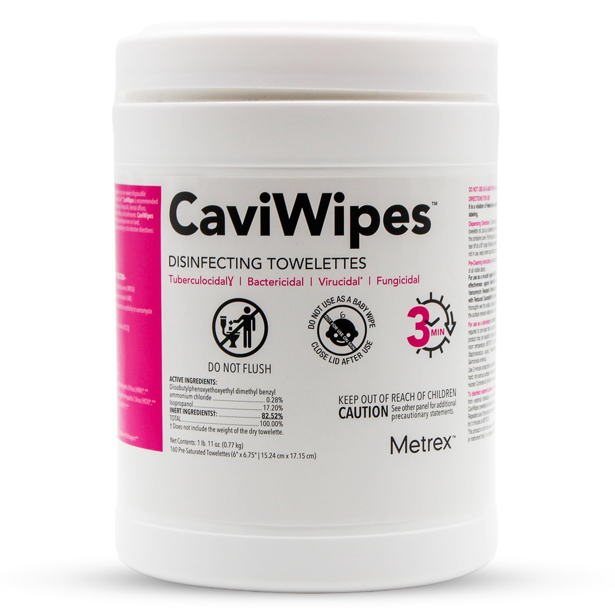 Metrex CaviWipes vista frontal del bote con acceso rápido y limpieza eficaz