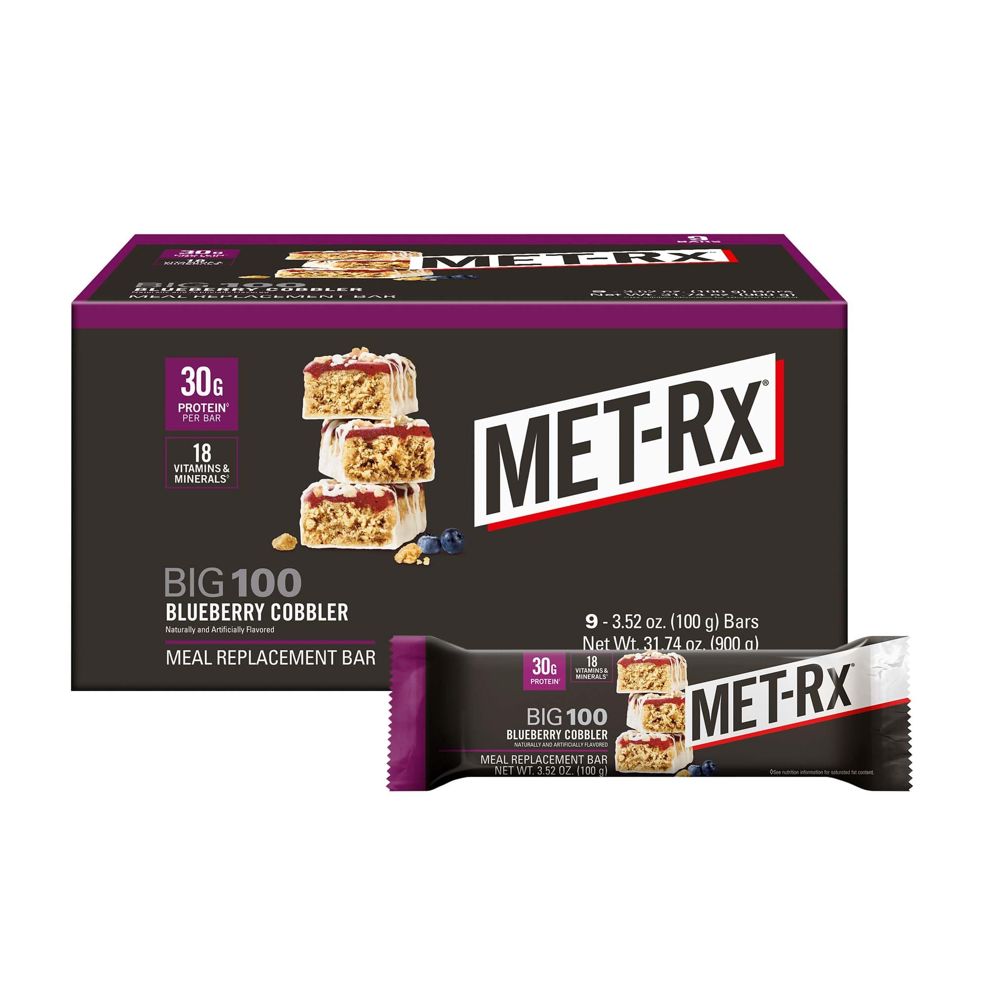 MET-Rx empaque frontal Blueberry Cobbler mostrando 30 g proteína y beneficios