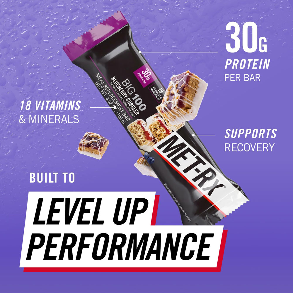 MET-Rx corte interior mostrando textura de granola y proteína, apetitoso