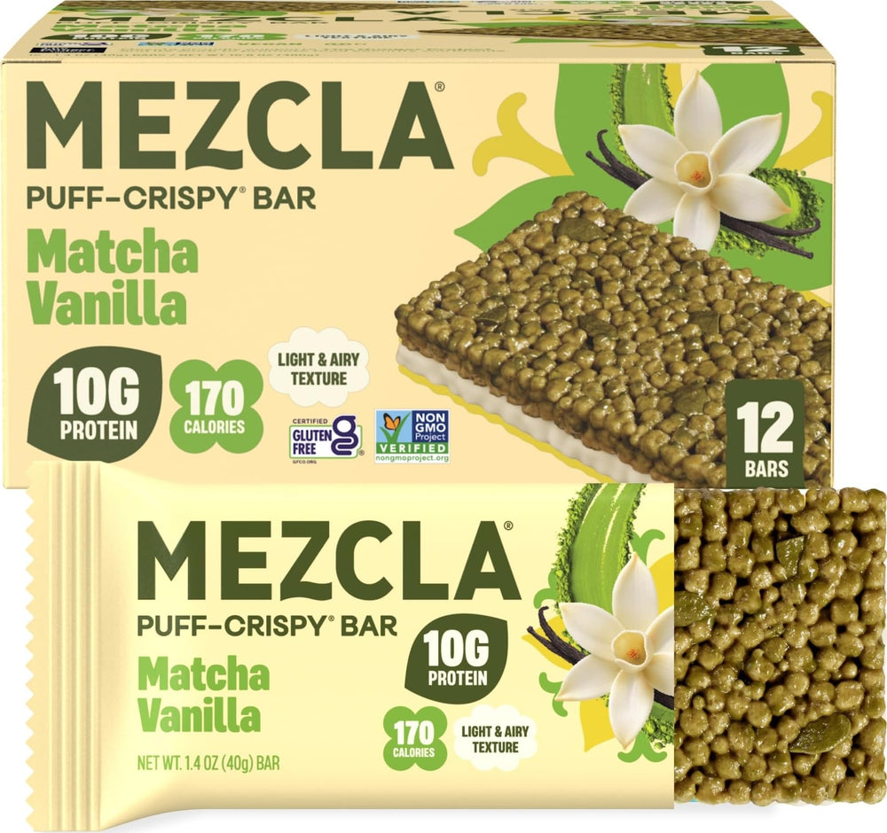 Mezcla front packaging showcasing matcha vanilla flavor and 12-pack convenience