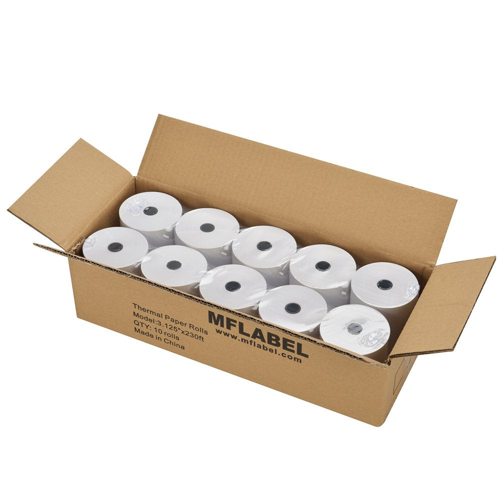 MFLABEL paquete frontal de 10 rollos muestra ahorro y stock