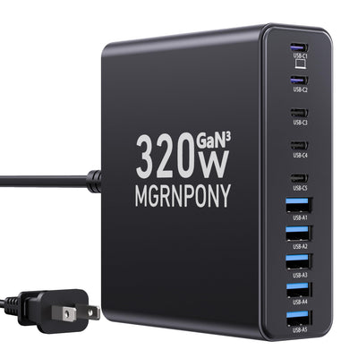 MGRNPONY front view showing 10 ports and sleek black finish, neat desk benefit