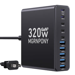 MGRNPONY front view showing 10 ports and sleek black finish, neat desk benefit