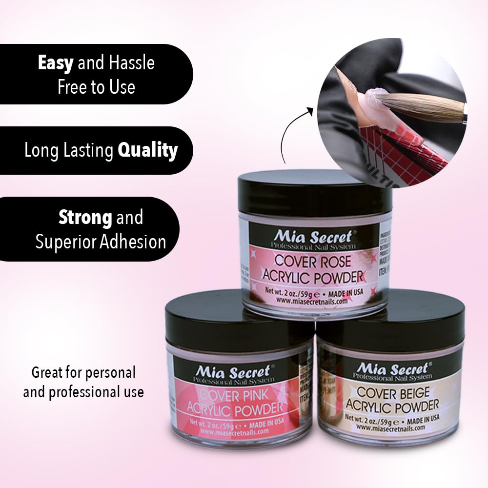 Mia Secret bote junto a una mano para comparar tamaño práctico de 1 oz por color
