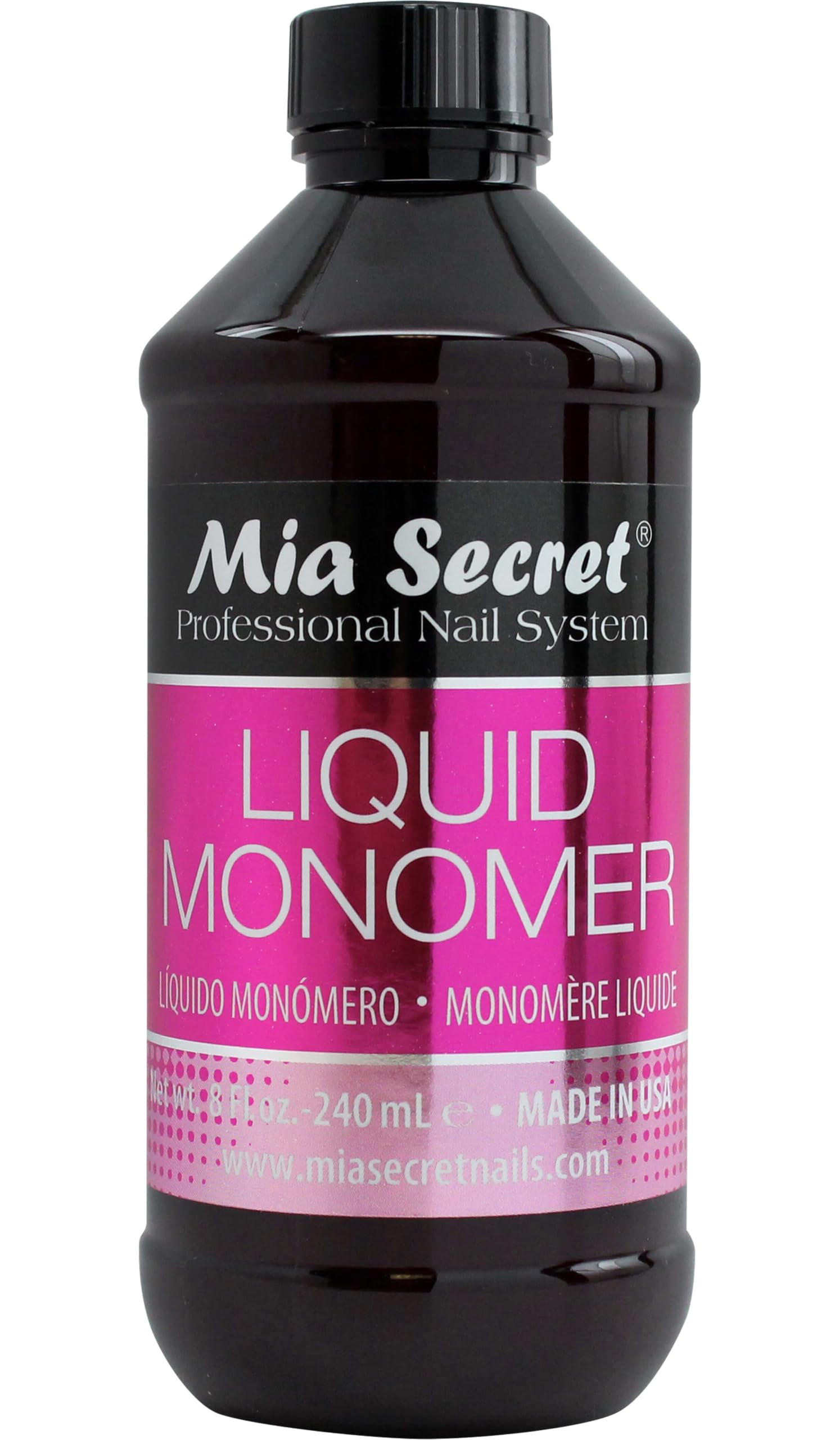 Mia Secret botella frontal 8 oz mostrando etiqueta y beneficio de calidad