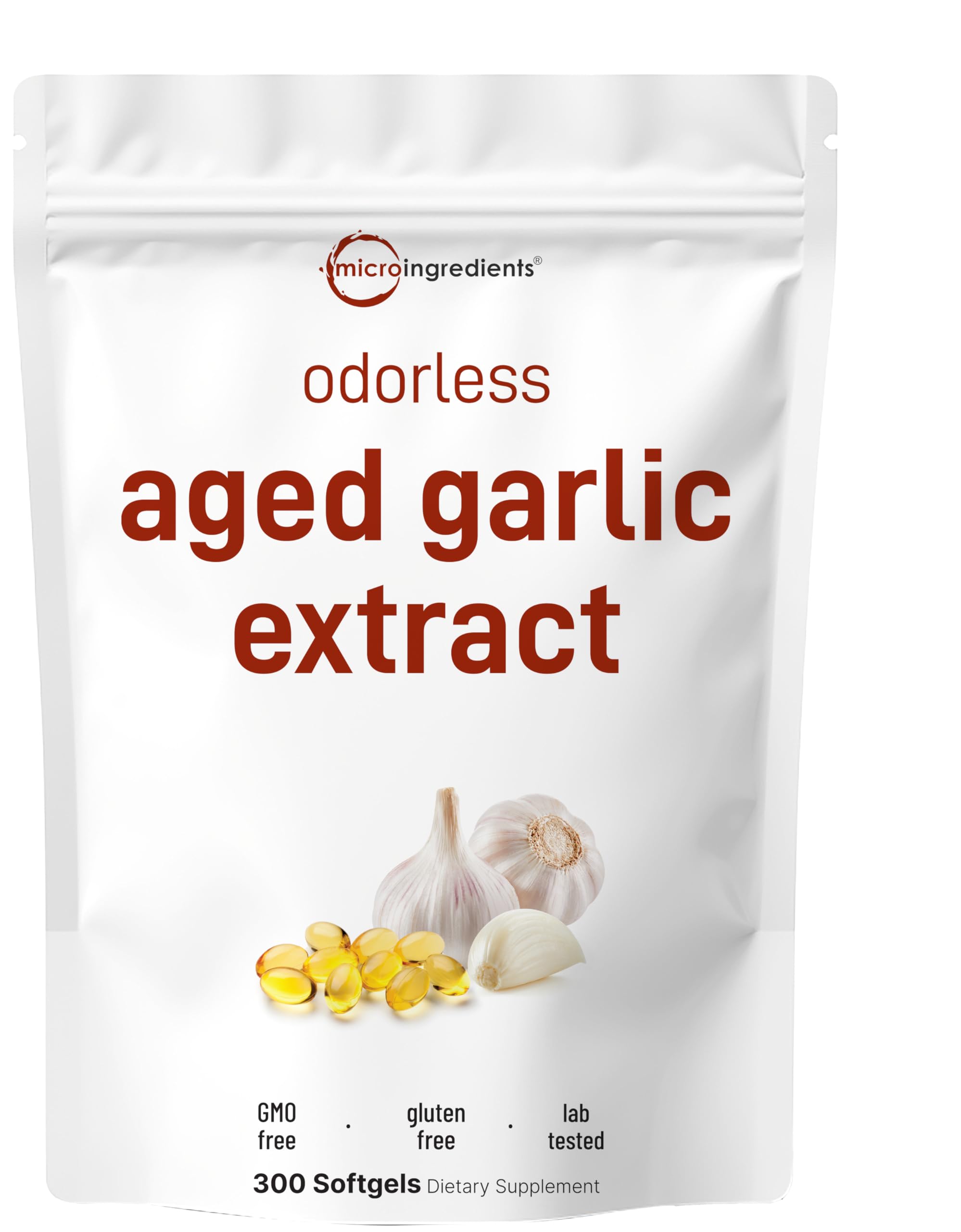 Micro Ingredients envase frontal de ajo sin olor mostrando 300 cápsulas y presentación