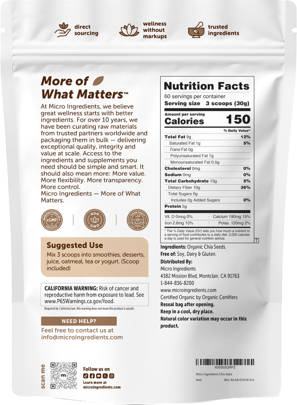 Micro Ingredients product label and certifications highlighting organic testing