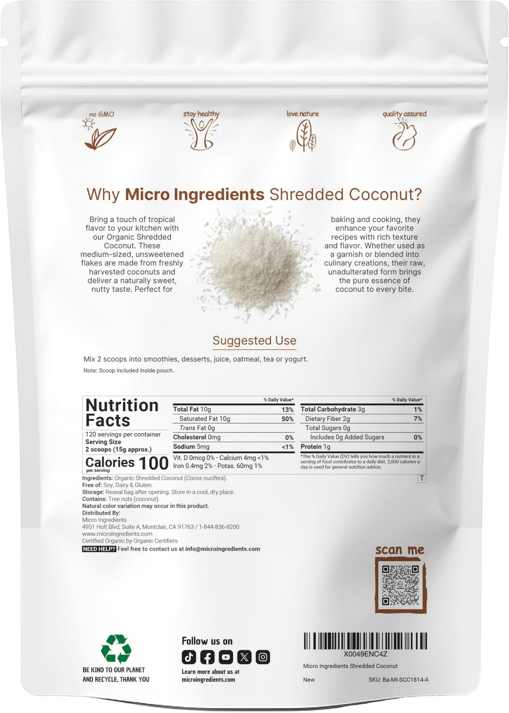 Micro Ingredients close-up of medium shredded coconut texture, creamy and moist mouthfeel