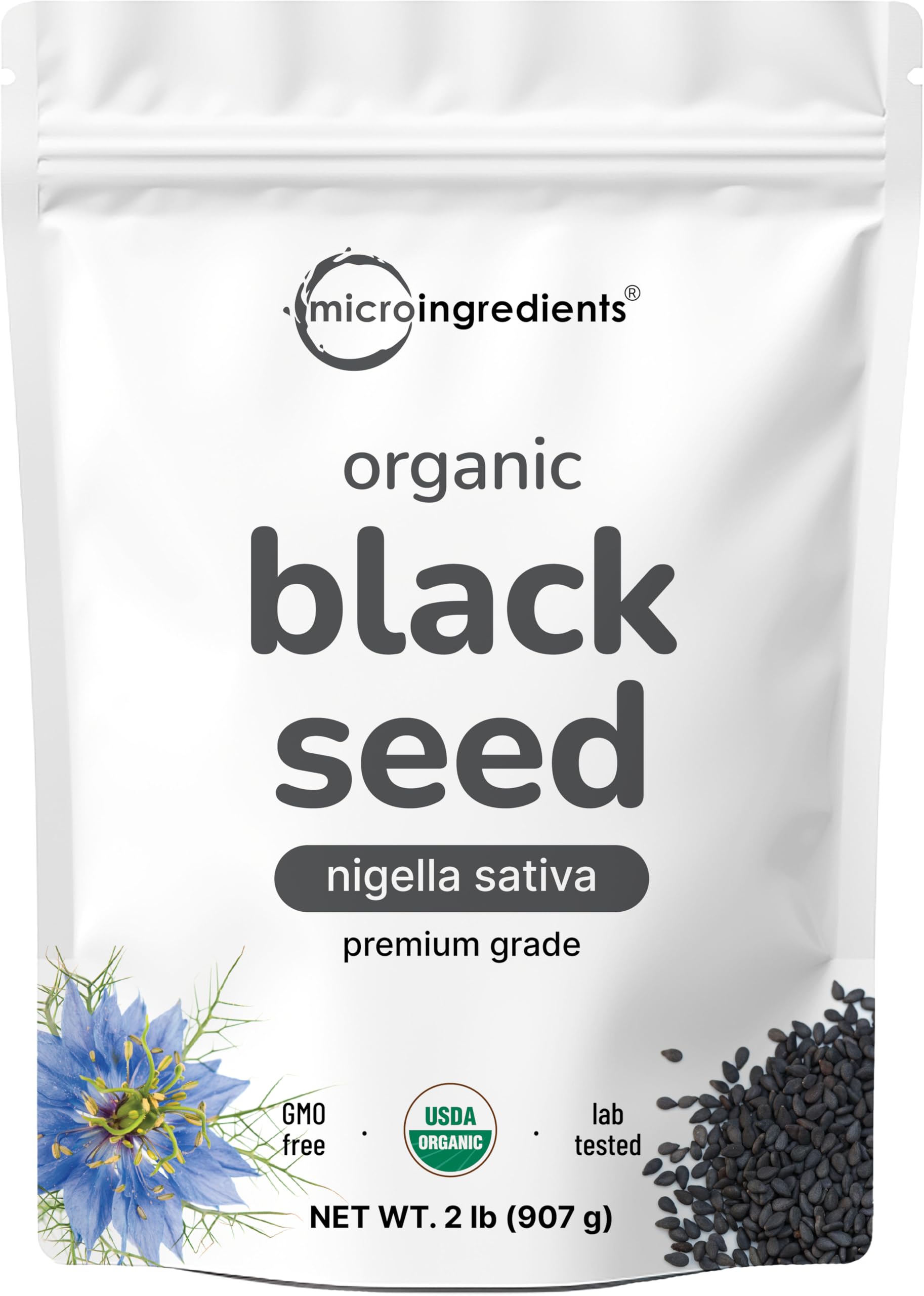 Micro Ingredients frente del paquete de semillas de comino negro, resellable y a granel
