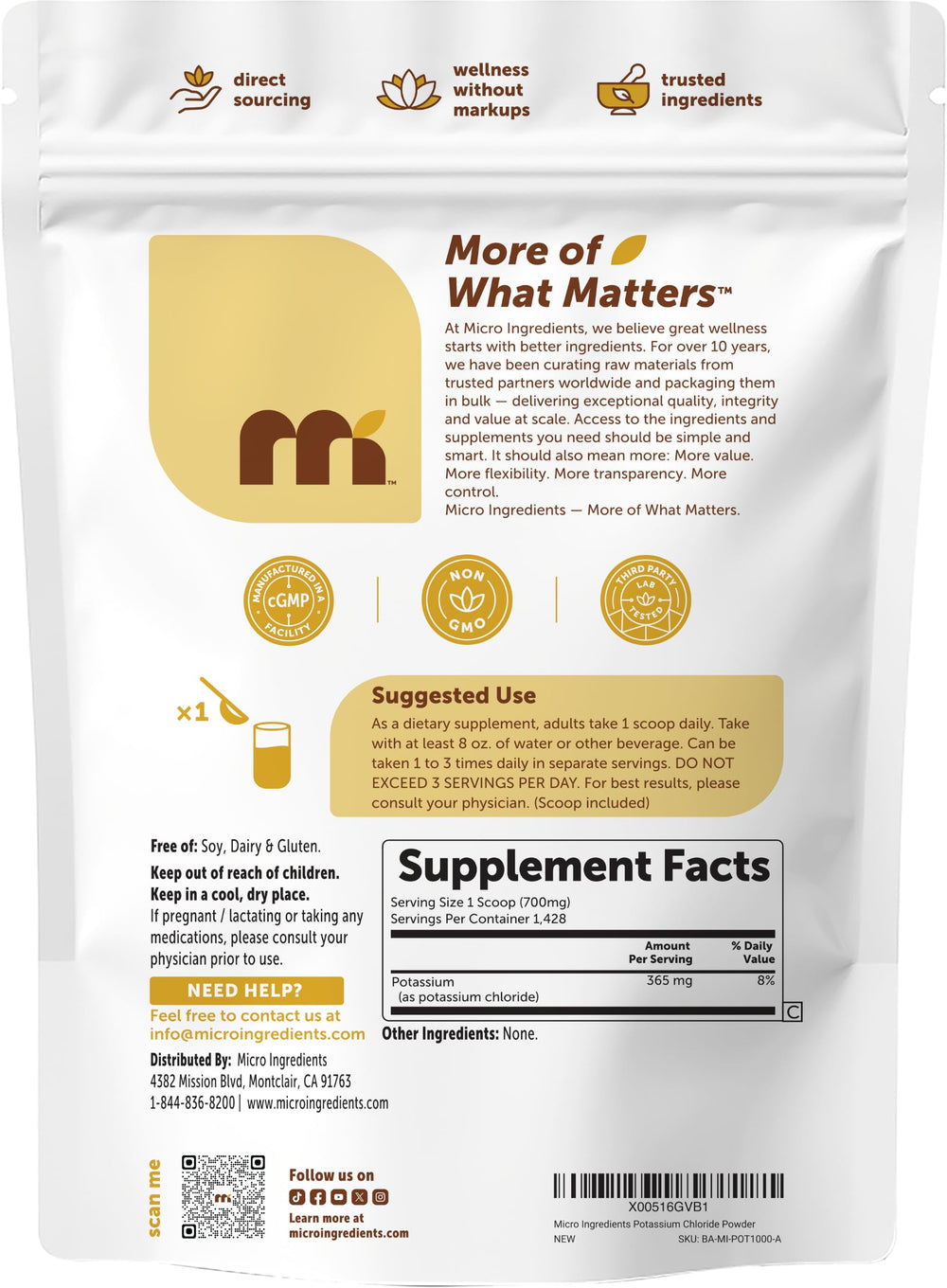 Micro Ingredients comparación de tamaño en mano para escala del pouch