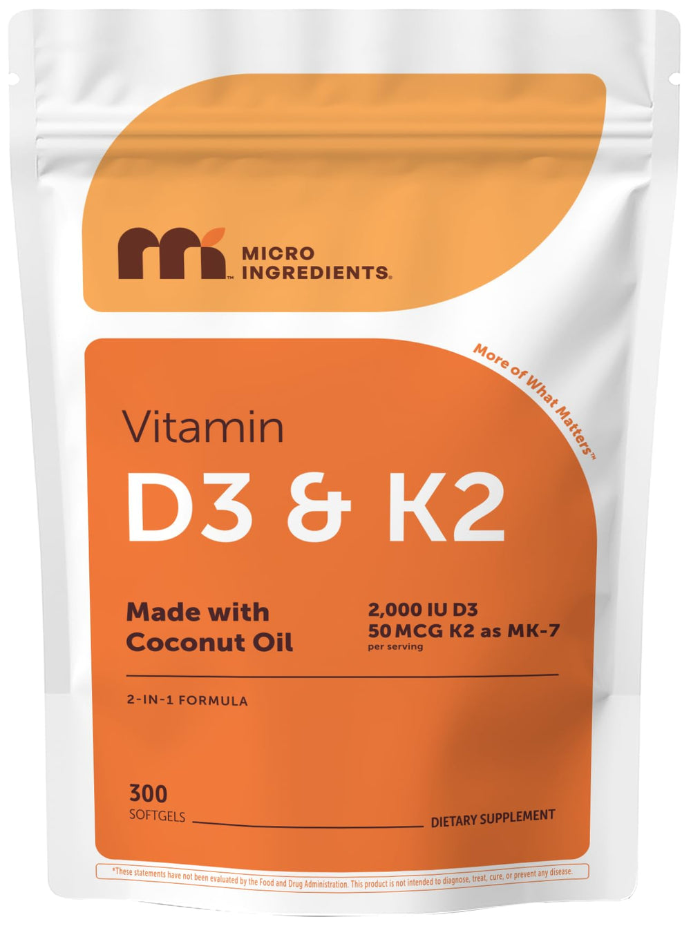 Micro Ingredients frasco frontal mostrando la fórmula D3 y K2, presentación clara