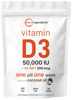 Micro Ingredients envase frontal mostrando 240 softgels y beneficio de suministro familiar