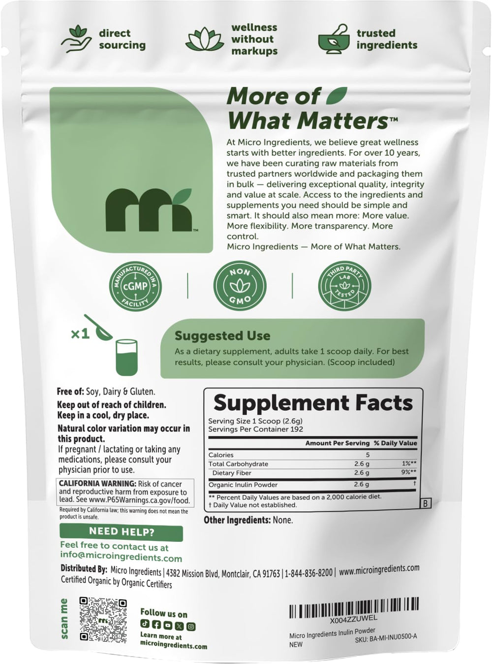 Micro Ingredients comparación de escala contra mano para referencia del tamaño del envase