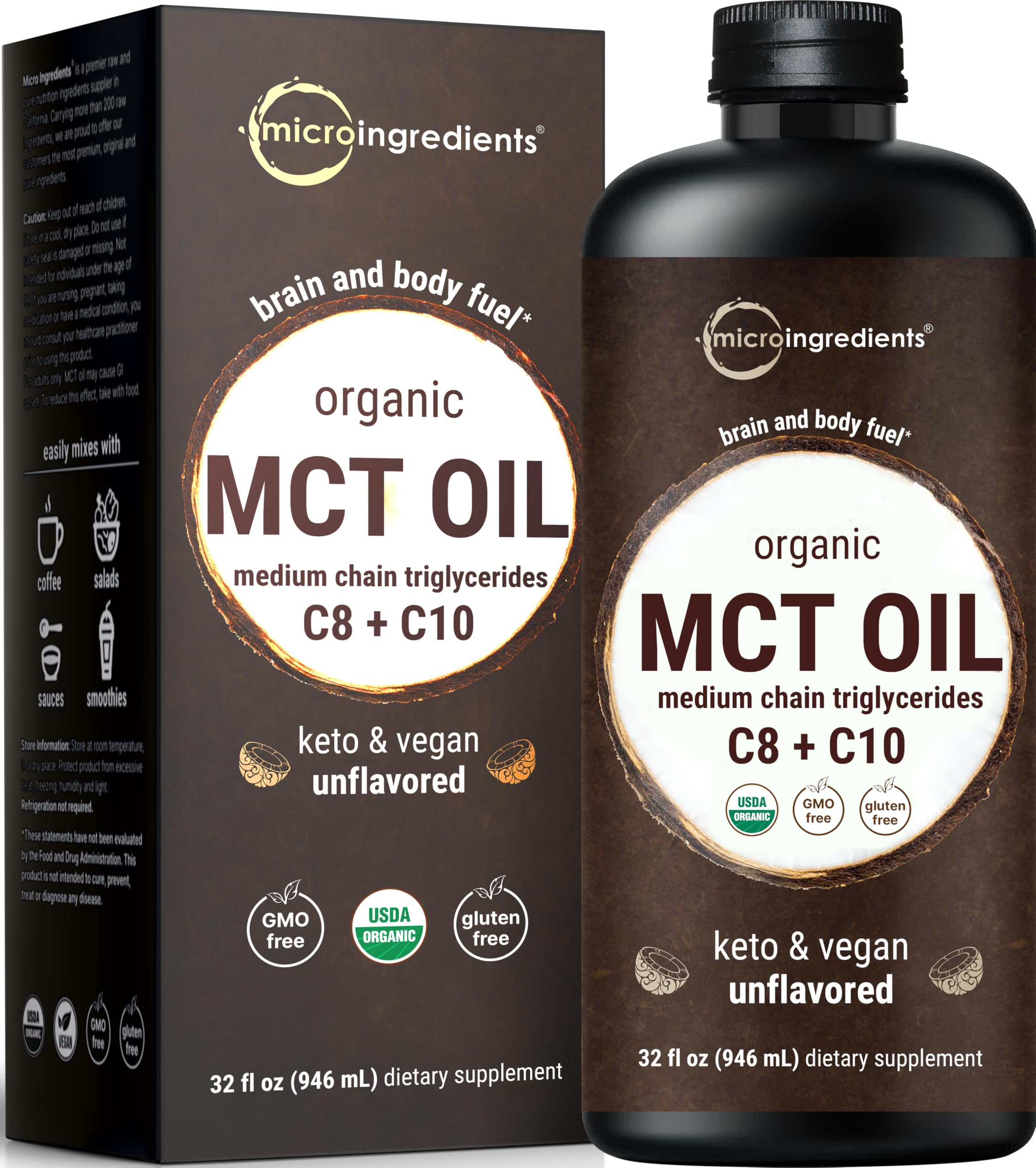 Micro Ingredients frente de botella MCT 32 oz mostrando diseño y tamaño