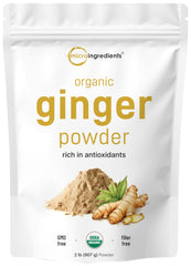 Micro Ingredients envase frontal de jengibre orgánico en polvo mostrando etiqueta clara