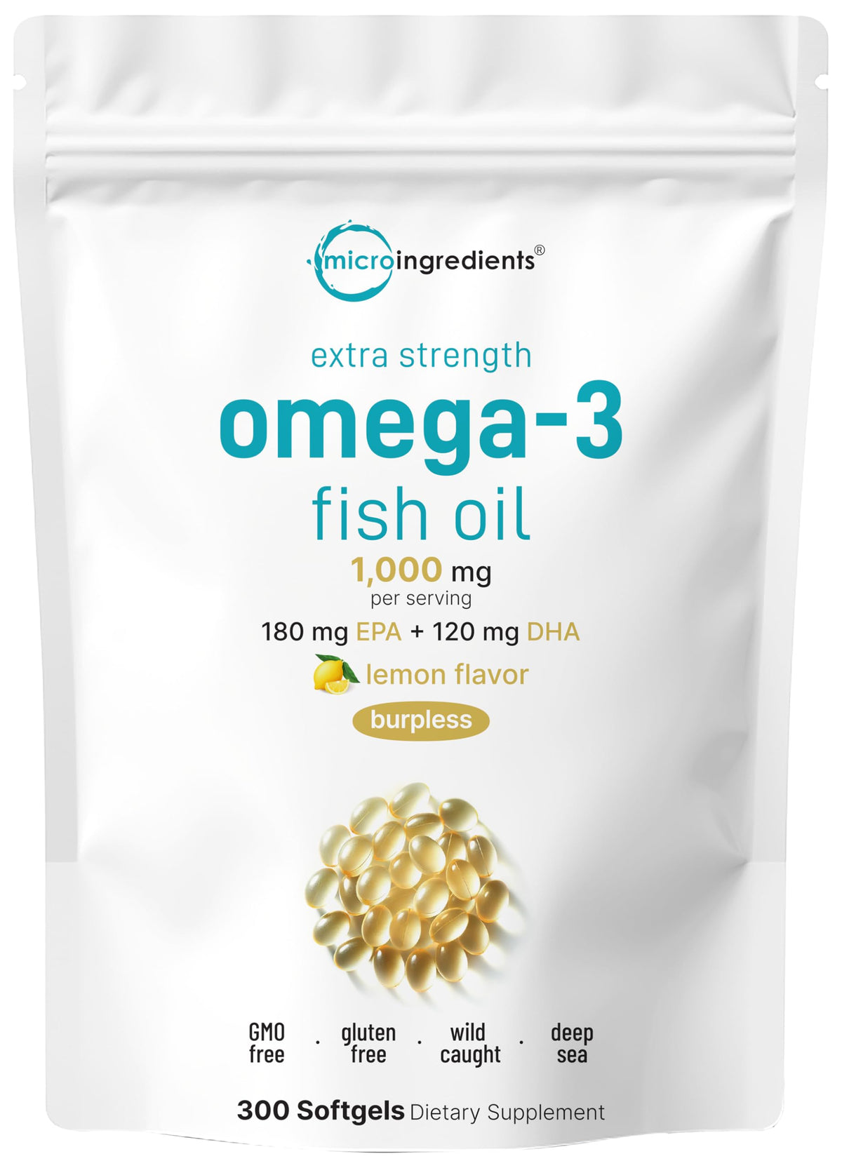 Micro Ingredients frente del envase mostrando 300 softgels y beneficio conveniencia