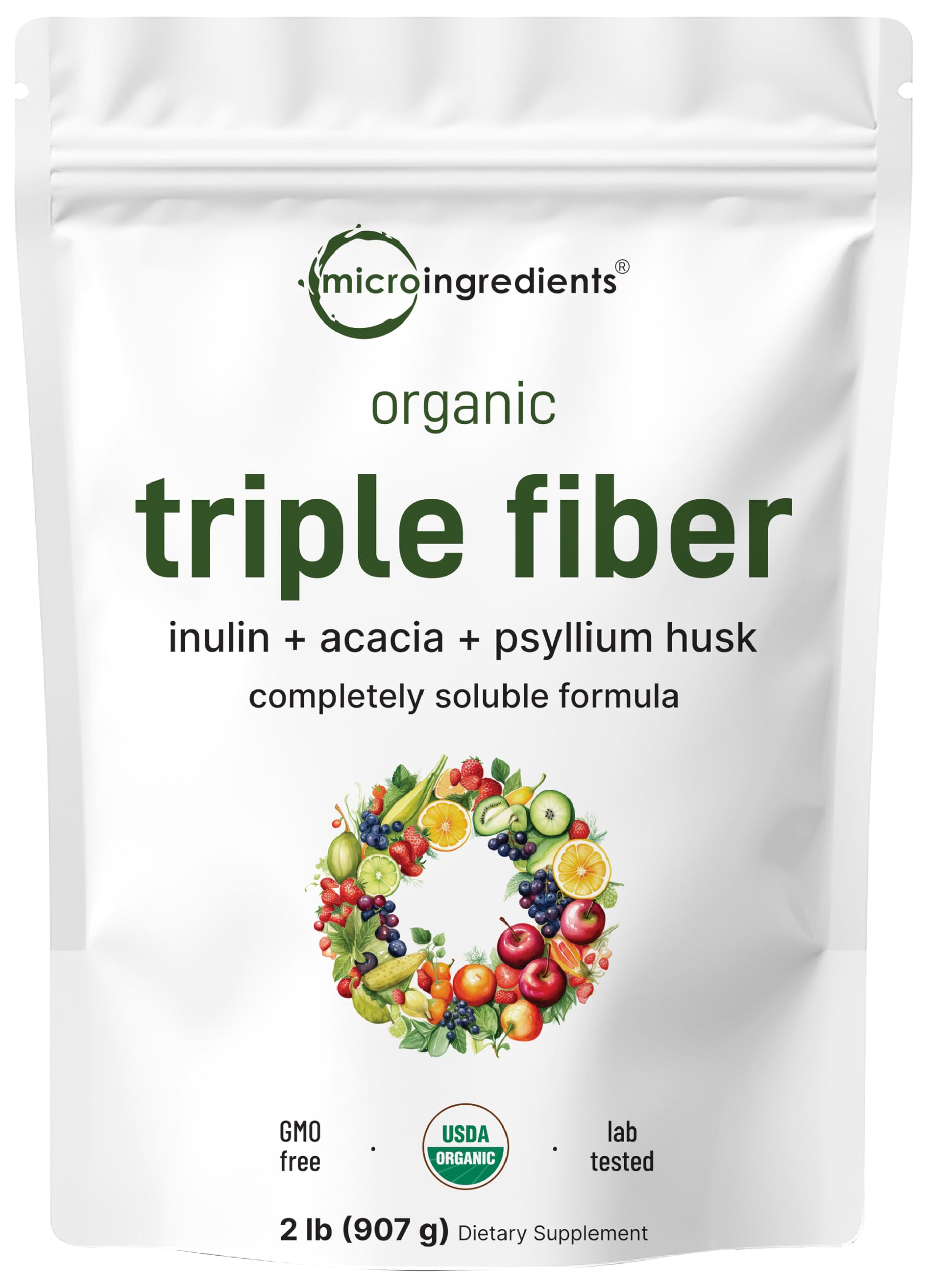 Micro Ingredients envase frontal del polvo triple fibra, presentación clara y orgánica